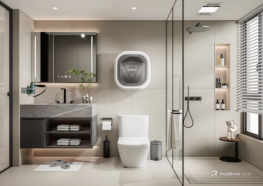 Modern Bathroom Interior With Wall Mounted Toilet Vanity Mirror Glass Shower And Green Plants 3d model 