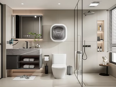 Modern Bathroom Interior With Wall Mounted Toilet Vanity Mirror Glass Shower And Green Plants 3d model