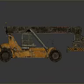 Orange Industrial Forklift With Telescopic Boom Lifting Attachment And Worn Exterior