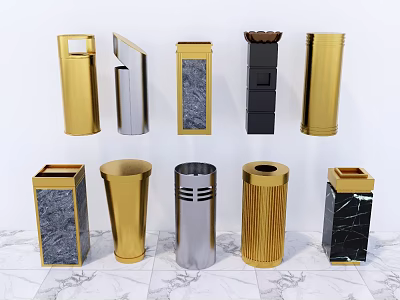 Public Trash Bins With Various Designs Metallic And Marble Finishes In Gold Silver Black 3d model