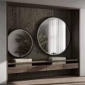 Wooden Vanity with Two Round Mirrors with Light Strips and Marble Countertop on Textured Wall