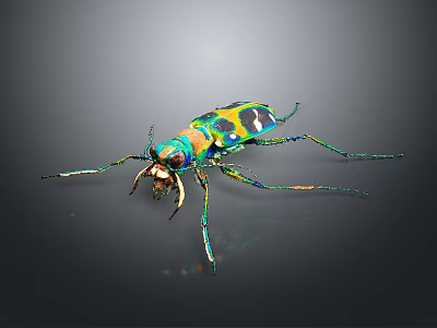 Vibrant Colorful Insect With Green Blue Yellow Patterns And Long Legs On Dark Background 3d model