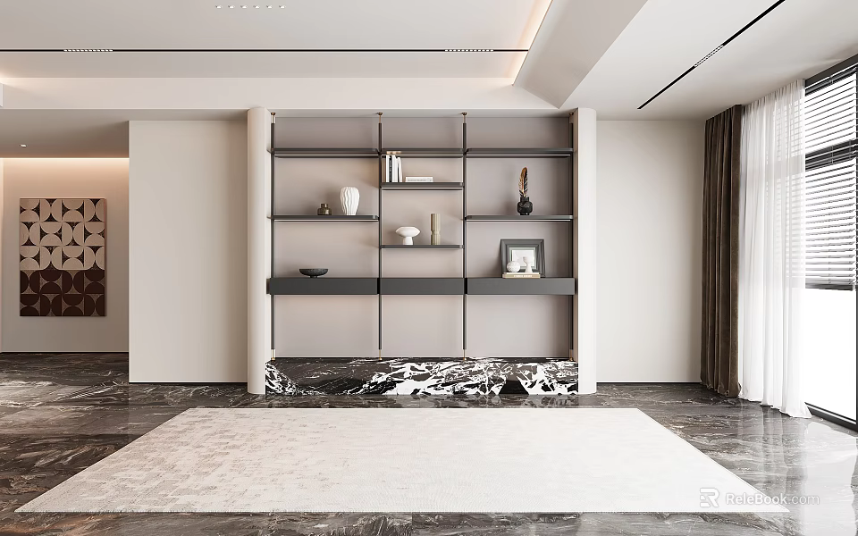 Modern Living Room Shelf Unit With Multi Tiered Design And Decorative Vases Frames 3d model 