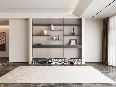 Modern Living Room Shelf Unit With Multi Tiered Design And Decorative Vases Frames 3d model