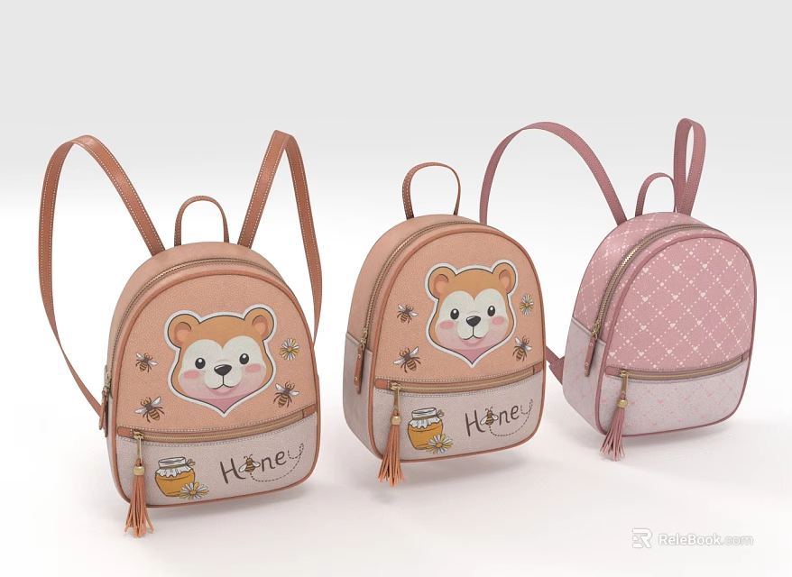Cute Cartoon Bear Backpacks with Honey Lettering Star Decorations Pastel Pink and Beige 3d model 