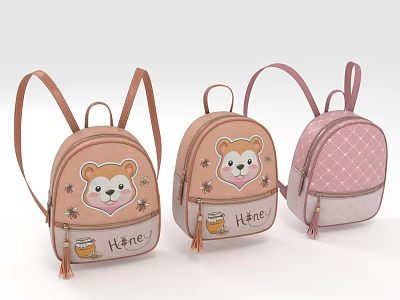 Cute Cartoon Bear Backpacks with Honey Lettering Star Decorations Pastel Pink and Beige 3d model