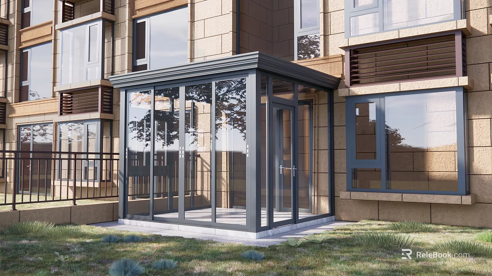 Modern Glass Sunroom Attached to Residential Building With Transparent Walls And Grass Surroundings 3d model 