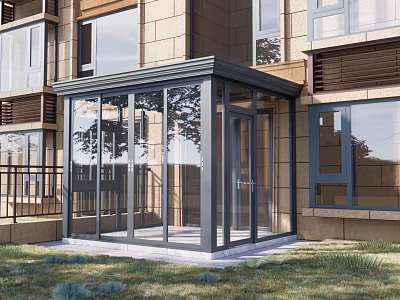 Modern Glass Sunroom Attached to Residential Building With Transparent Walls And Grass Surroundings 3d model