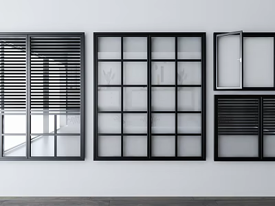 Black Frame Casement Windows with Louvre Grille and Open Panel Modern Interior Designs 3d model