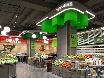 Modern Supermarket Interior With Vegetable Meat Drink Product Displays 3d model