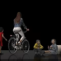 Woman Riding Bicycle With Children Standing Sitting And Using Phone Near Sofa
