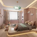 Pink Kids Room Interior With Cloud Decorations Round Bed Stuffed Toys And Desk Chair