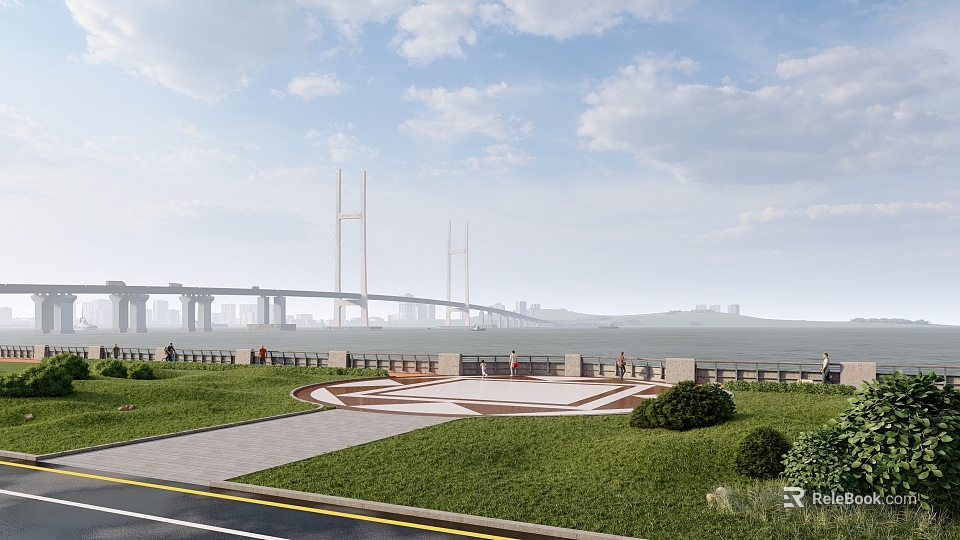 Scenic Waterfront Landscape With Bridge Green Lawns Pedestrian Paths And Road 3d model 