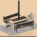 Modern Dining Table Set With Wooden Table Bench And Chairs On Gray Rug