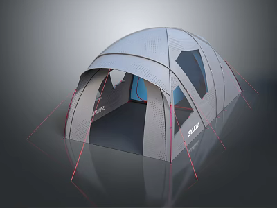 Modern Gray Camping Tent With Multiple Windows And Red Ropes For Outdoor Use 3d model
