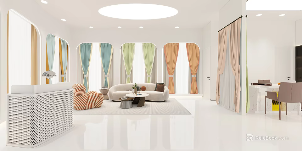 Modern Bright Curtain Showroom With Various Colorful Fabric Curtains And Comfortable Lounge Area 3d model 