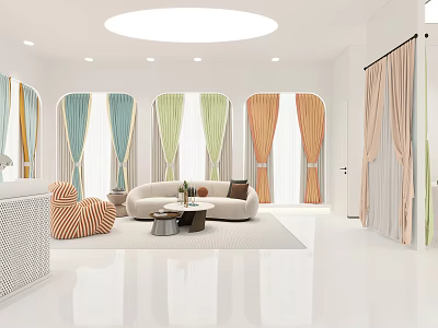 Modern Bright Curtain Showroom With Various Colorful Fabric Curtains And Comfortable Lounge Area 3d model