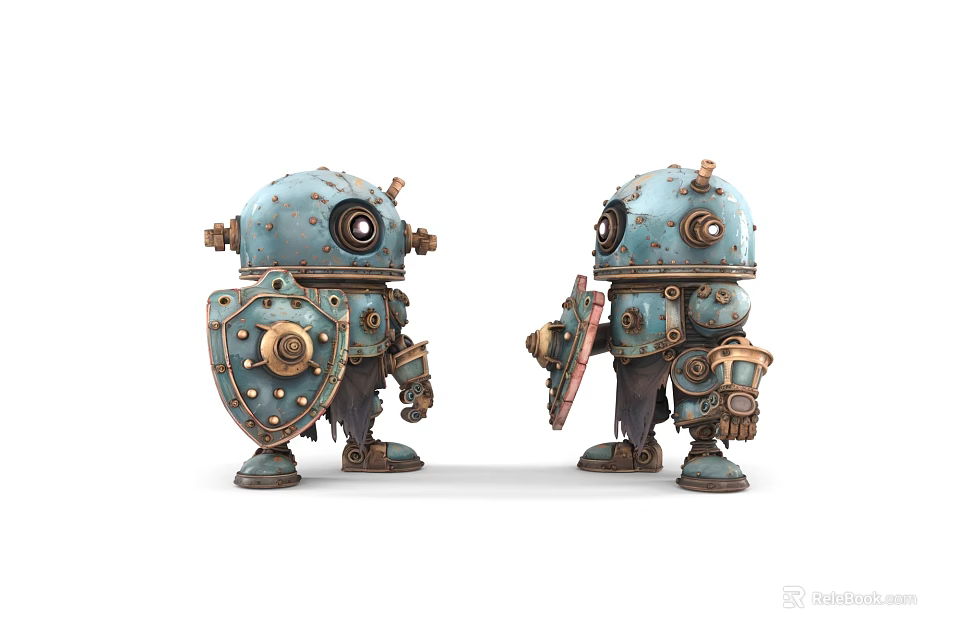 Turquoise Steampunk Decorative Robot Ornament Set With Two Gear Accented Shield Holding Figurines 3d model 