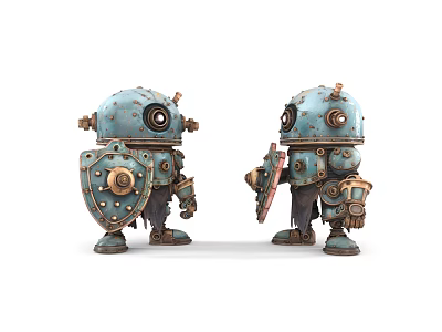 Turquoise Steampunk Decorative Robot Ornament Set With Two Gear Accented Shield Holding Figurines 3d model