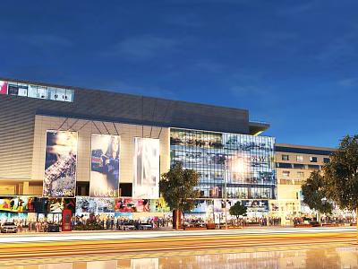 Modern Commercial Complex Street View With Glass Curtain Wall Billboards Night Lighting Pedestrians And Trees 3d model