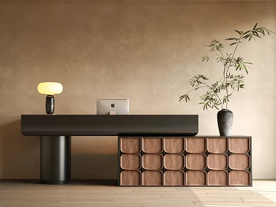 Modern Front Desk Reception With Black Counter Wooden Cabinet Lamp And Green Plant 3d model