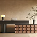 Modern Front Desk Reception With Black Counter Wooden Cabinet Lamp And Green Plant
