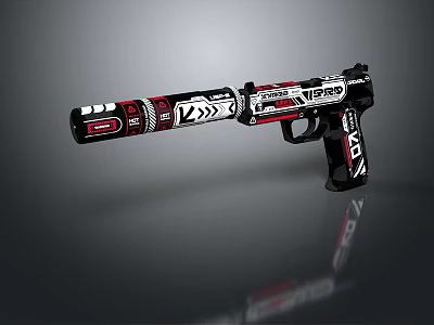 Stylish Red And Black Tactical Gun With Modern Graphic Patterns And Sleek Design On Barrel Grip 3d model