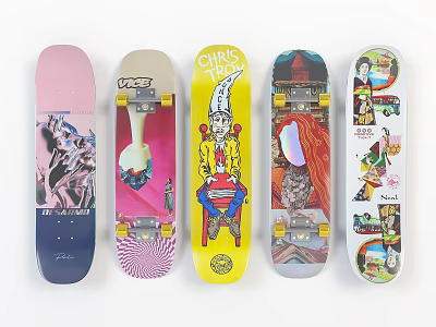 Colorful Skateboards With Unique Graphics And Various Designs In Pink Gray Yellow Blue White 3d model
