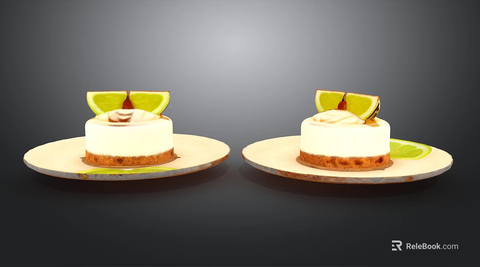 Delicious Creamy Cheesecake Dessert Topped With Lemon Slice On Ceramic Plates 3d model 
