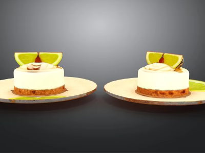 Delicious Creamy Cheesecake Dessert Topped With Lemon Slice On Ceramic Plates 3d model