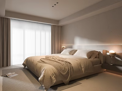 Modern Bedroom Interior With Large Beige Bedding Nightstands Table Lamps And Soft Lighting 3d model