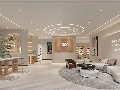 Elegant Modern Beauty and Hair Salon Interior With Reception Desk Sofa Area And Plants 3d model