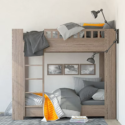 Cozy Wooden Bunk Bed With Ladder Pillows Blanket And Decorative Wall 3d model