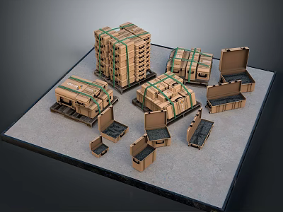 Cardboard Boxes Bound With Green Tape Various Sizes Some Open And Stacked On Gray Platform 3d model