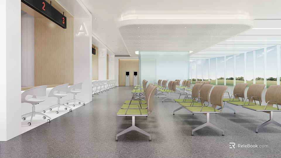 Bright Modern Hospital Outpatient Clinic Waiting Area With Green Seating Digital Signages And Natural Light 3d model 