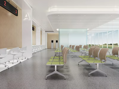 Bright Modern Hospital Outpatient Clinic Waiting Area With Green Seating Digital Signages And Natural Light 3d model