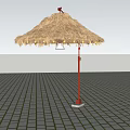 Straw Thatched Umbrella With Decorative Lights And Red Pole On Patterned Floor 3d model