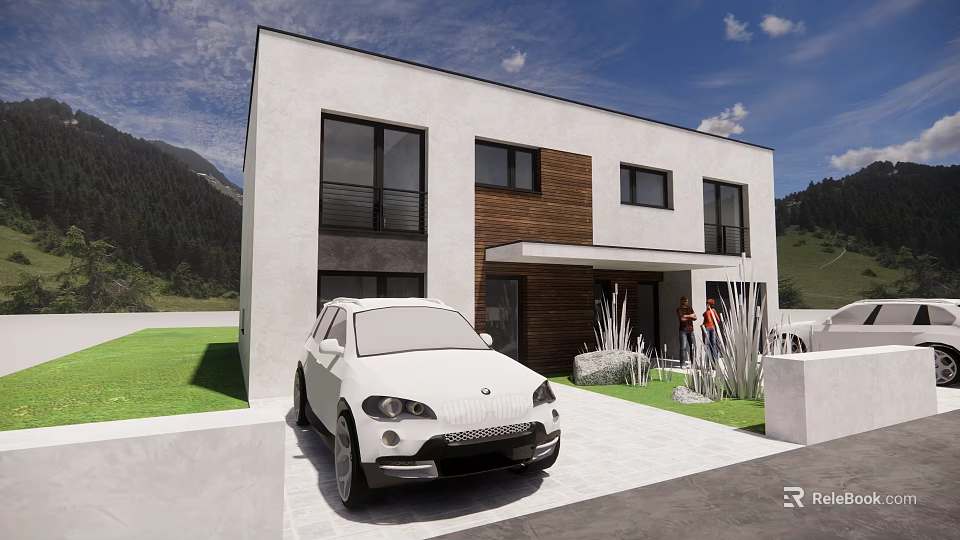 Detached Villa With White Exterior Wooden Accents Two Story Lawn Driveway And Mountain View 3d model 