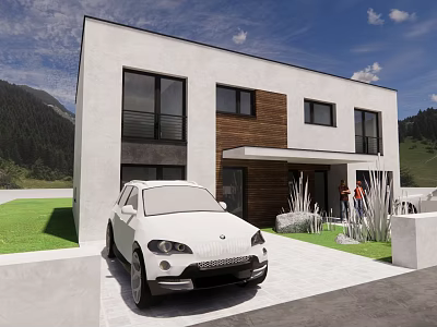 Detached Villa With White Exterior Wooden Accents Two Story Lawn Driveway And Mountain View 3d model