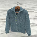 Blue Textured Jacket with Collared Neck and Buttoned Front Hanging on Hanger Over Marble Floor 3d model