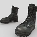 Black Military Style Work Boots Featuring Laces Thick Soles and Worn Texture