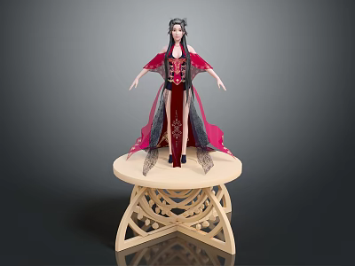 Long Haired Female Character in Red Black Traditional Costume Standing on Carved Wooden Table 3d model
