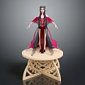 Long Haired Female Character in Red Black Traditional Costume Standing on Carved Wooden Table