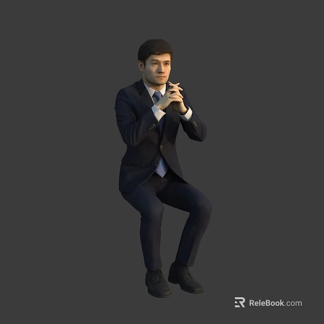 A Man Sitting in Formal Suit With Clasped Hands Against Gray Background 3d model 