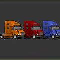 Three Colorful Trucks in Orange Red Blue Lined Up with Shiny Reflections