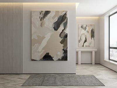 Modern Abstract Paintings With Beige Gray Black Hues In Bright Room With Large Window 3d model