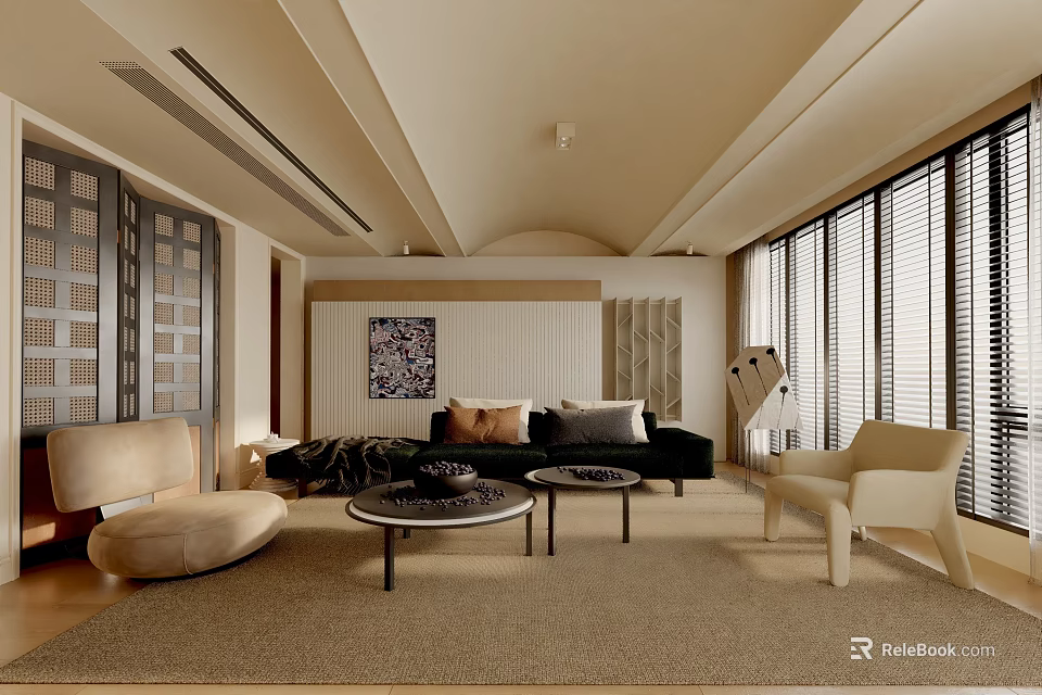 Modern Elegant Living Room Interior With Beige Sofa Armchair Round Coffee Table And Rug 3d model 