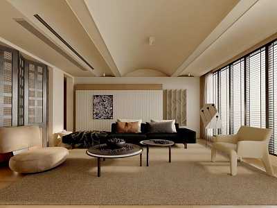Modern Elegant Living Room Interior With Beige Sofa Armchair Round Coffee Table And Rug 3d model
