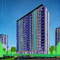 Modern High Rise Residential Building With Glass Windows Green Trees And Blue Sky