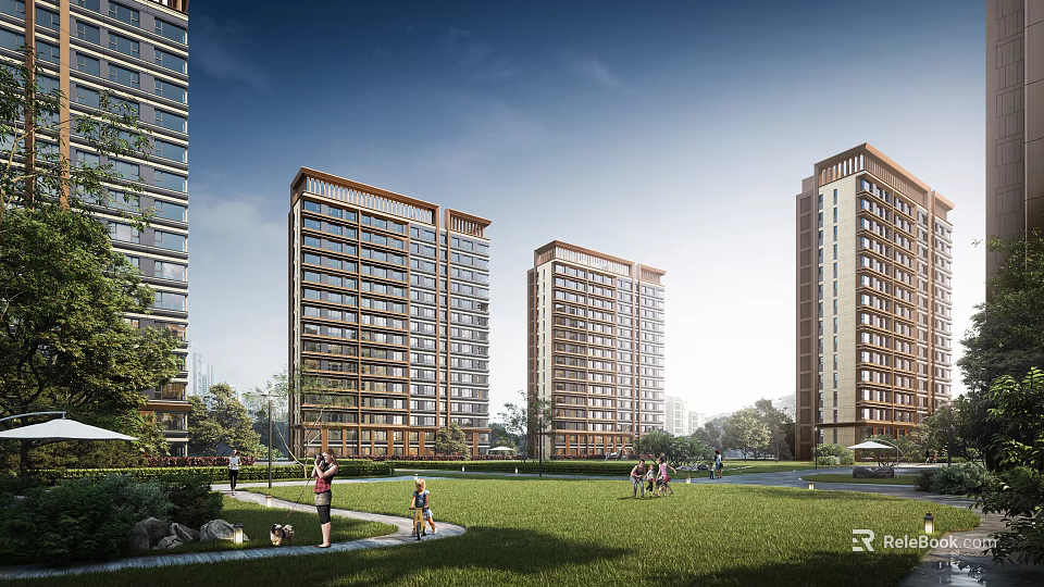 Modern Residential Landscape With High Rise Apartments Green Lawn And People Enjoying Outdoor Activities 3d model 